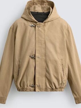 Zara Tan Military-Style Jacket with Hood and Fireman Closures